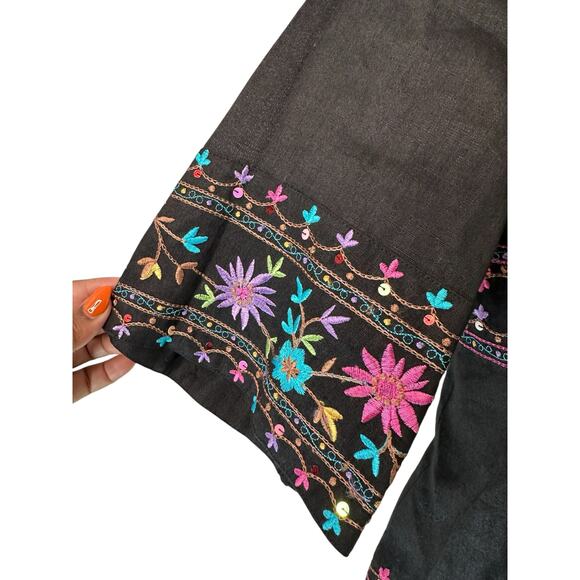 Silkland Linen Embroidered Sequin Bohemian Boho Gypsy Jacket Blazer Size Large - Picture 6 of 12